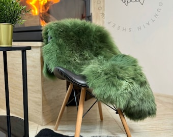 Genuine real GREEN sheepskin rug, super soft luxury rug, 100% natural shearling leather, carpet, blanket, Scandinavian, dyed sheepskin throw
