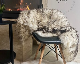 Luxury genuine sheepskin rug, black, moulfon, shearling leather carpet, sheep wool blanket, throw sofa armchair, home decor, natural, white
