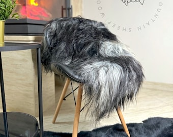 BIG Natural Grey-White Real Icelandic Sheepskin Rug, Genuine Leather, Long Fur, Gray Shearling Leather Throw Sofa Chair Floor, Home Decor