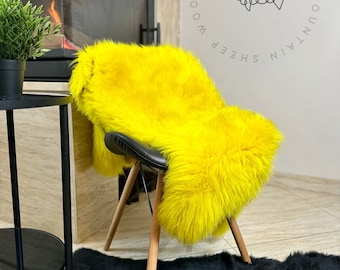 Big YELLOW sheepskin rug, dyed sheepskin, throw sofa chair floor, bed cover, scandinavian decor, genuine leather, colorful blanket furry