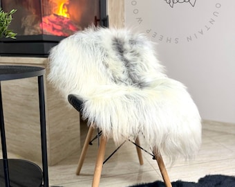 Real Icelandic White Gray Sheepskin Rug, Long Fur, natural, sheepskin throw sofa chair floor, home decor, genuine leather, carpet modern