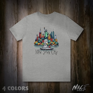 Whimsical New York City Skyline Shirt, Charming Minimalist Big Apple T-Shirt, Colorful Ink Drawing Statue of Liberty Graphic Tee, Cute Gift