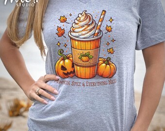 Pumpkin Spice Latte Graphic Tee | Autumn Fall Vibes V-Neck | Cute Halloween Coffee Shirt | Fun Pumpkin Drink Shirt | Cozy Fall Gift Idea