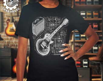 Guitar Amp Schematic T-Shirt | Electric Guitar Graphic Tee | Musician&#39;s Blueprint Shirt | Tech-Inspired Band Tee | Music Lover Gift Top