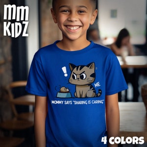 Divertente maglietta per gatti "Sharing is Caring" per bambini / Maglietta per gatti e topi dei cartoni animati / Maglietta per bambini carina umoristica / Abbigliamento giocoso per gattini