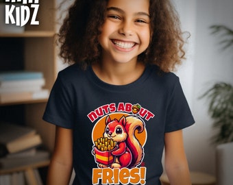 Nuts About Fries Kids Graphic Tee | Adorable Squirrel Cartoon T-Shirt | Kids Fun Fries-Themed Tee | Colorful Playful Shirt for Children