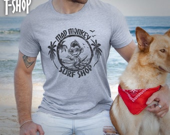 Surf Shop T-Shirt, Surfer T Shirt, Mad Monkey Surf Shop Graphic Tee, Beach Lover Tee, Animal Lover Tee, Gift for Boyfriend, Gift for Dad