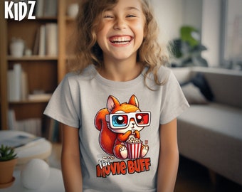 T-shirt graphique Mini cinéphile pour enfants | Écureuil mignon avec des lunettes 3D et une chemise de pop-corn pour enfants | Cadeau adorable t-shirt animal dessin animé