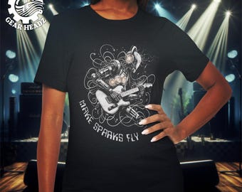 Gitaar-T-shirt Cyberpunk-robot | Make Sparks Fly Graphic T-shirt | Shirt met scifi-rockmuziek | Futuristisch T-shirt elektrische gitaar | Gift Rock-fans