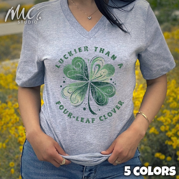 Lucky Clover St Paddy's V-Neck T-Shirt | Green Four-Leaf Clover Graphic Tee | Irish Luck Shirt | St Patrick's Day Celebration