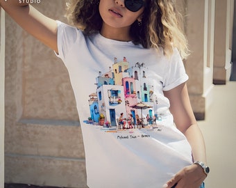 Cute Mykonos Town Shirt | Whimsical Watercolor Greece T-Shirt | Family Vacation Travel Graphic Tee | Ideal T Shirt/Gift For World Traveler