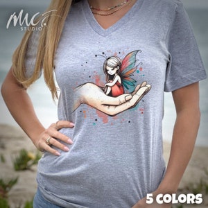 Enchanted Fairy V-Neck Graphic Tee | Whimsical Winged Fairy Lore T-Shirt | Fantasy Art Shirt | Vibrant Watercolor Splash Style Gift Tee