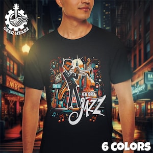 Koszulka z grafiką New York Jazz | Fajna koszulka modalna z motywem jazzu | Żywa koszulka z motywem jazzu Bebop | Koszulka z motywem retro NYC Trumpet Player | Prezent dla miłośnika muzyki jazzowej
