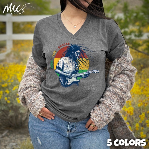 Reggae Guitarist V-Neck Graphic Tee | Rasta Music Lover T-Shirt | Love, Life, Reggae | Cool Musician Shirt | Unique Gift for Reggae Fans
