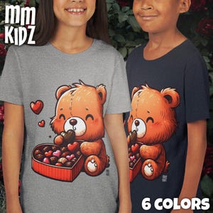 Valentine's Day Teddy Bear Kids Graphic Tee | Cute Chocolate Heart Candy T-Shirt | Adorable Bear T Shirt | Sweet Gift for Boys and Girls