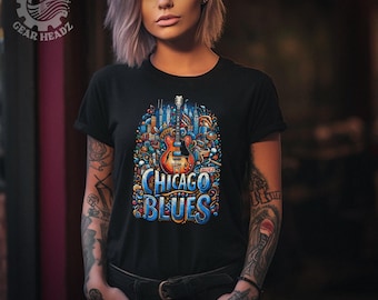 Chicago Blues Cityscape T-Shirt | Vibrant Guitar Graphic Tee | Musical Skyline Shirt | Cultural Music Fashion | Blues Lover Gift Top