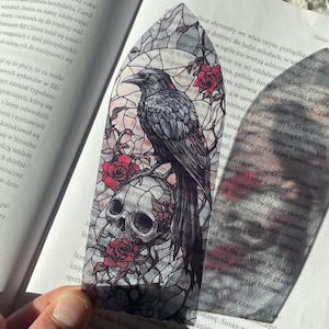 Marque-page style vitrail corbeau et tête de mort | Marque-page transparent floral | Marque-page gothique transparent | Cadeau lecteur de livre Fantasy Dark Academia