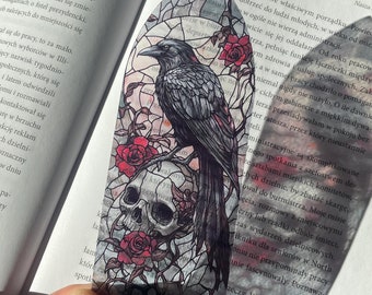 Raven and Skull Stained Glass Style Bookmark | Floral Transparent Bookmark | Clear Gothic Bookmark | Fantasy Dark Academia Book Reader Gift
