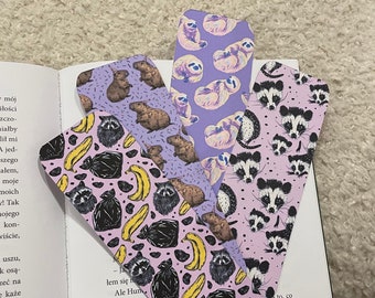 Silly Animals Bookmark, Sloth Capybara Opossum Raccoon Book Accessories, Bookmark Gift Animal Lover, Double-Sided Bookmark, Bookworm Gift