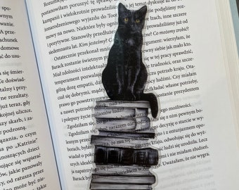 Marque-page chat noir | Marque-page transparent | Marque-page transparent Gothic Core | Noyau de sorcière | Cottage Core Victorian Dark Academia | Livres empilés