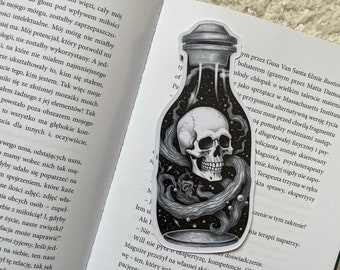 Skull In A Bottle Bookmark | Gothic Scary Bookmark for Horror Readers | Black and White Bookmark Gift for Book Lovers | Skull in the Space