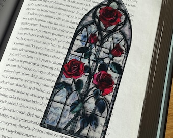 Rosbokmärke | Blommigt transparent bokmärke | Genomskinligt gotiskt bokmärke | Fantasy Goth-bokmärke | Dark Academia-bokläsargåva | Bokmalskonst