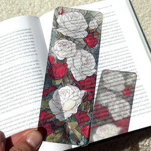 Zakładka do witrażu White Roses | Przezroczysta zakładka do kwiatów | Wyczyść zakładkę | Botaniczna zakładka gotycka | Romantyczna zakładka