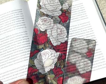 White Roses Stained Glass Bookmark | Floral Transparent Bookmark | Clear Bookmark | Botanical Gothic Bookmark | Romantic Bookmark