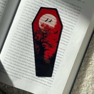 Red Coffin Bookmark | Dead Tree Graveyard Bookmark | Clear Bat Gothic Bookmark | Ghost Bookmark | Dark Academia Book Gift | Full Moon Art
