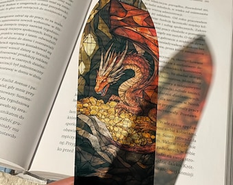 Marque-page en vitrail Trésor du dragon rouge | Marque-page transparent |  Marque-page magique | Accessoires de livres fantastiques | Cadeau de Noël pour rat de bibliothèque