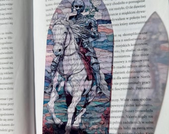 Horse Rider | Skeleton Bookart | Tarot Death Card Stained Glass Art Style | Dark Fantasy Bookmark | Clear Laminated