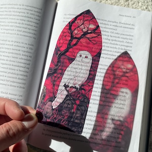 Op de afbeelding: Een witte uil met rode ogen zit op een tak in een donker bos. De achtergrond is een rode en zwarte gradiënt met een volle maan. De uil wordt omringd door grafstenen en een kruis.