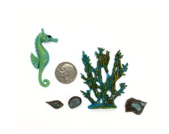 96 COE fused glass, seahorse, coral and sea shells freeze n fuse pieces, fused seahorse embellishments