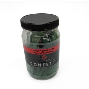 May include: A clear glass jar with a black lid filled with green confetti. A red and black label wraps around the jar, displaying the text "Mineral Green Opal" and "Confetti". The jar is on a white background.