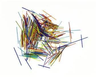 May include: A pile of colorful glass rods in various shades of blue, red, yellow, and green. The rods are scattered on a white background.