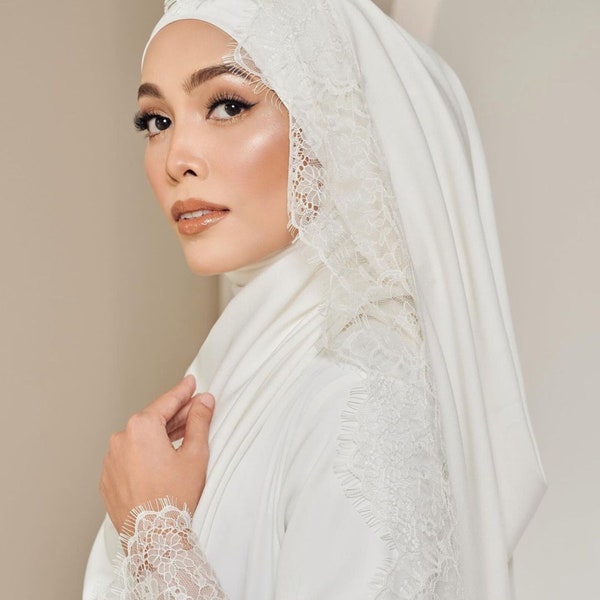 Elegant Lace Abaya Set with Matching Hijab - Islamic Wedding Dress White - Lace Shawl