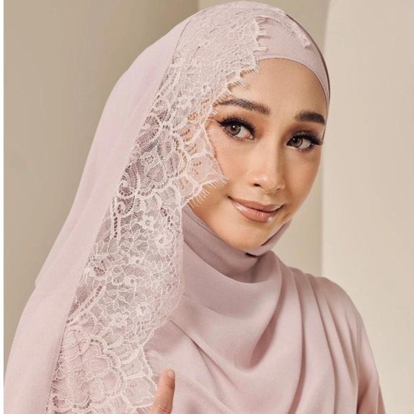 Lace Abaya Set with Matching Hijab - Muslim Wedding Veil - Lace Shawl