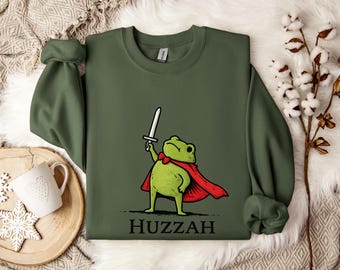 Funny Frog Sweatshirt, Medieval Fantasy Frog Crewneck, Huzzah Frog Meme Shirt, Fantasy Gamer Gift