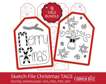Christmas Gift Tag SVG Bundle: Sketch Ornaments, Snowflakes (Digital Download)