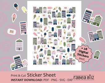Ice Cream Shop Sticker Sheet, Planner Scrapbook Stickers (Digital Download)
