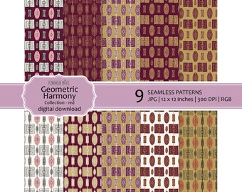 Red & Gold Geometric Patterns: Digital Scrapbooking Paper (Digital Download)