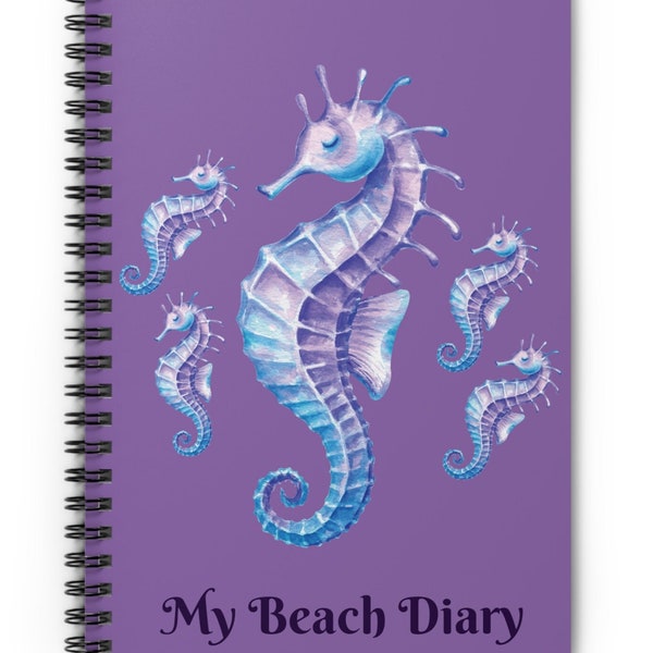 Seahorses Beach Diary Purple Spiral Notebook, Cute Sea Animals Note Book Lined Paper Pad, Journaling Writing Pad, Gift for Ocean Lovers