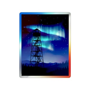 May include: A silhouette of a tall wooden tower with a platform at the top, set against a dark blue night sky with vibrant green and blue aurora borealis lights. The tower is surrounded by a dark forest.