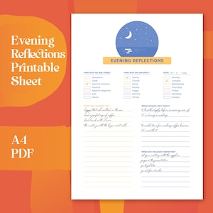 Puede incluir: Una hoja de reflexión de la tarde imprimible con secciones para cómo fue tu día, el clima, por qué estás agradecido, las lecciones aprendidas y los planes para mañana. La hoja tiene una ilustración azul y blanca de una luna y estrellas en la parte superior.