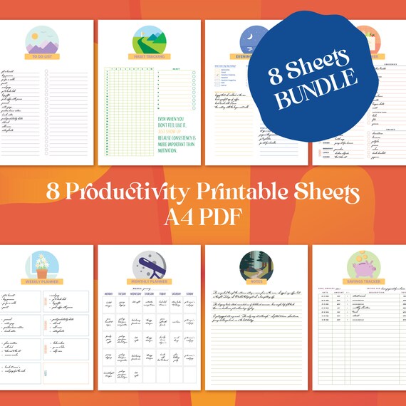 8 Sheets Bundle, Productivity Sheets Printable, Life Planners, Life Organizer, Diary, Binder, PDF, A4, Instant Download