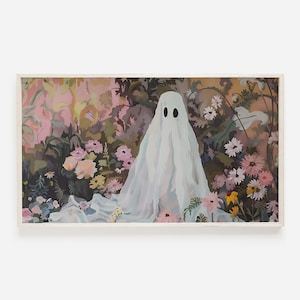 Ghost In Flower Garden Frame TV Art, Spooky Feminine TV Decor, Pink Ghost for TV, Colorful Halloween Art, Floral Ghost Tv Art, Pink Ghost Tv