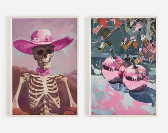 Disco Cowgirl Print Set of 2, Spooky Halloween Decor, Western Skeleton Wall Art, Pink Disco Pumpkins, Trendy Halloween Art, Pink Cowgirl Art