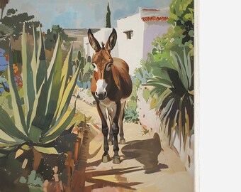 メキシコのロバのプリント、南西部のサボテンアート、ロバの風景