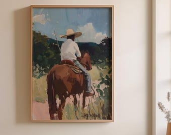 Vaquero On Horseback Wall Art, Mexico Ranch Hand Painting, Vintage Southwest Decor, Original Artwork, Mexican Cowboy Poster, Vaquero Print