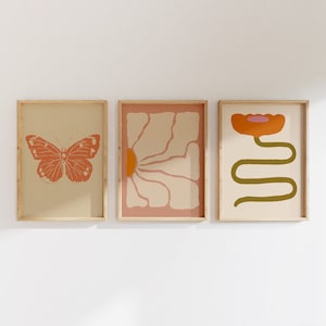 Conjunto de impresiones Groovy de los años 70, carteles infantiles de flores, estilo colorblock, imprimibles para dormitorios, colores cálidos, conjunto de 3 carteles, estampados de flores de mariposa
